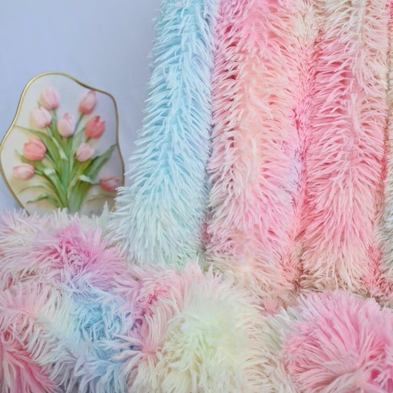 MYRU Plush Super Soft Blanket Colorful Bedding Sofa Cover Furry Fuzzy Fur Warm Throw Qulit Cozy Couch Blanket for Winter (63"x79", Rainbow) - Image 3